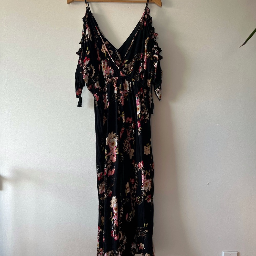 Black Floral Romper Wide Leg Chiffon-Like Material and Off the Shoulder Design